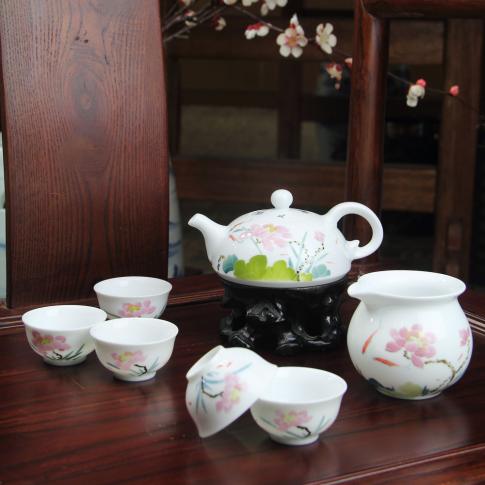8头釉下五彩荷花茶具